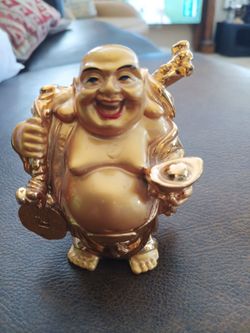 Prosperity Happy Golden Laughing Buddha Figurine,  Handpainted Solid Cast Resin. App 3 1/2" Tall