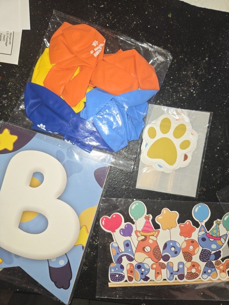 Bluey Dog Birthday Party Supplies with yellow Orange Blue Balloons, Birthday Banners, Cake Toppers (1 Banner, 25 Cake Toppers, 18 Balloons