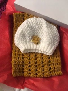 Handmade crochet mustard scarf with white hat and pendant