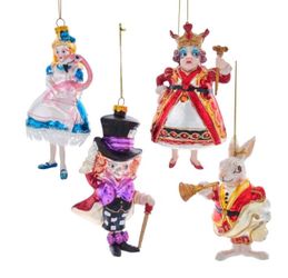 Alice in Wonderland Glass Christmas Ornaments Set of 4 new