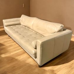 Cream Leather Mid Century Modern Sofa