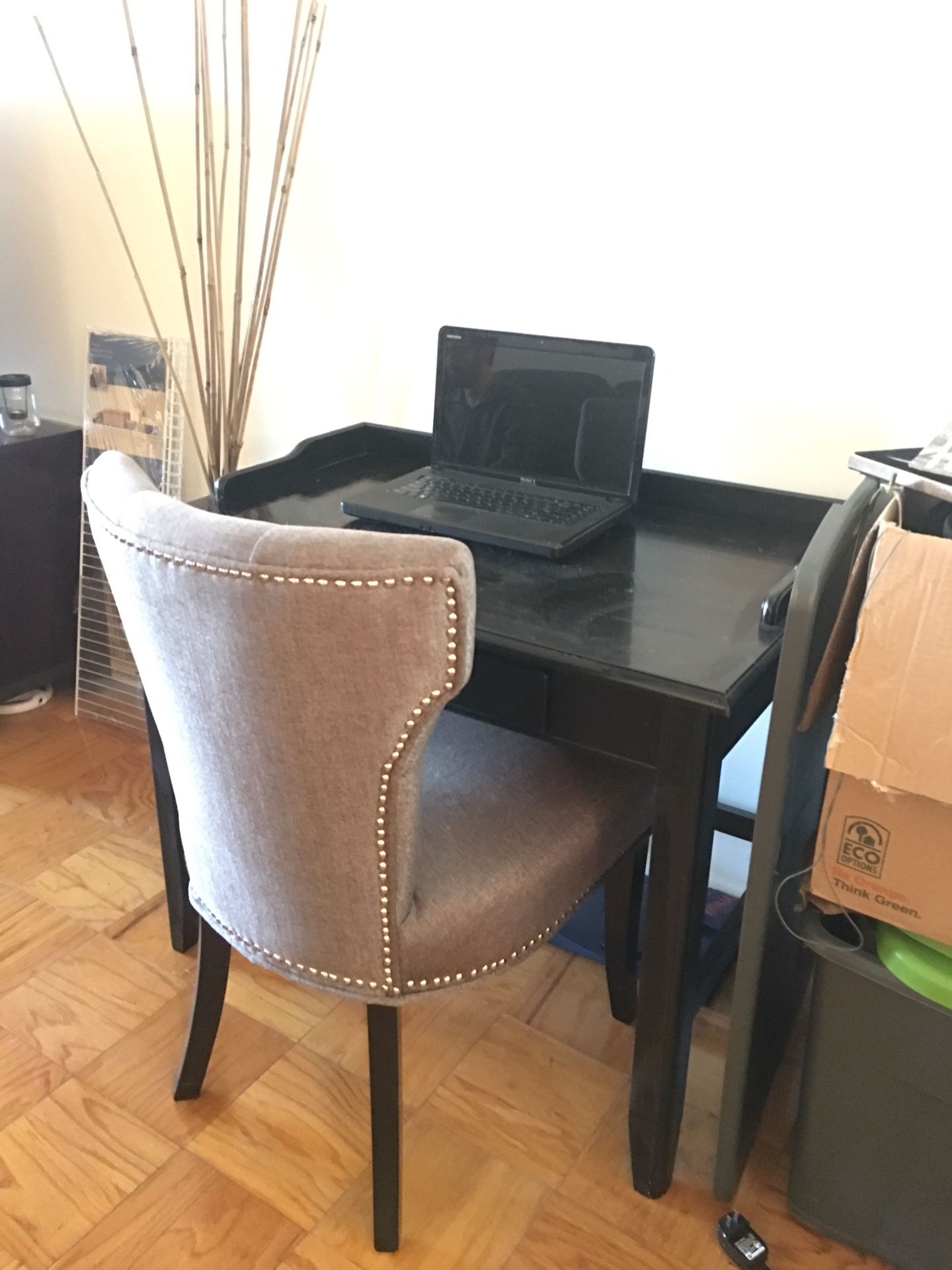 Black wood desk with drawer