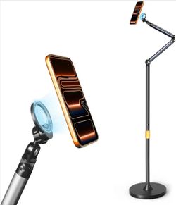 Magnetic Phone Floor Stand, Aluminum iPhone Overhead Stand with Adjustable Arm & Remote for Multi-Angle Creative Shooting, Stable Stand for iPhone/And