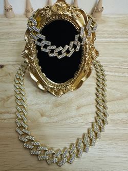 18k Gold Tone Cuban Chain & Bracelet Set ✨ Iced Out Bling