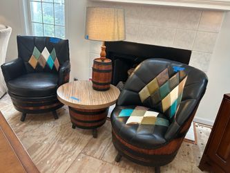 4pc Brothers of Kentucky Whiskey black patent leather Whiskey Barrel Chairs 26w x 22dx 17”floor to seat
