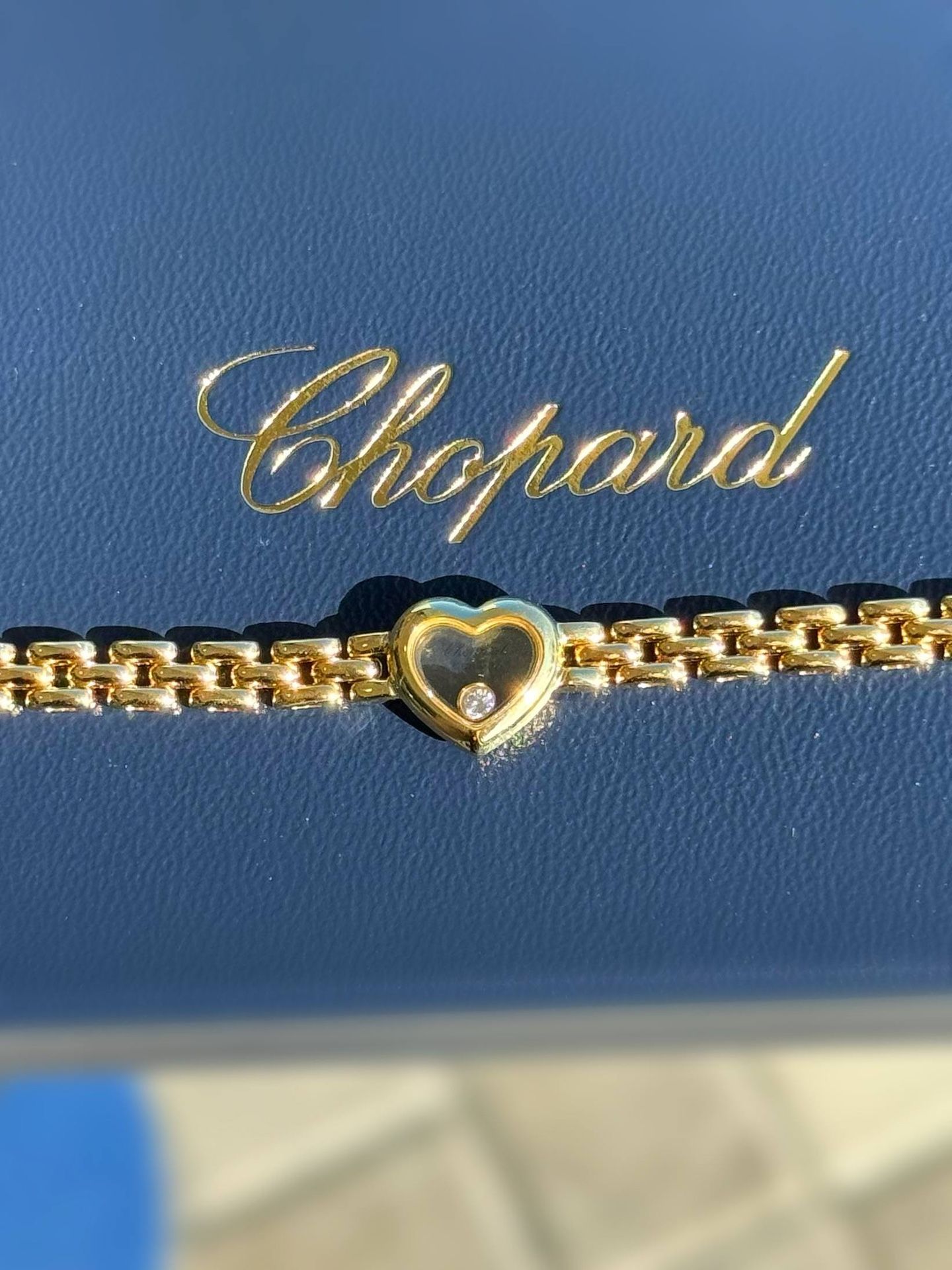 Vintage Chopard Happy Diamonds 18k yellow gold Heart panther link 0.07Ct Floating Diamond Bracelet Box & accessories