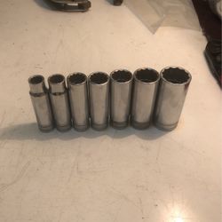 Qty 7 Snap On Vintage 12 Point Deep Sockets 1/2 inch Drive Use In Great Condution # 1 1/8 - 15/16 - 13/16 - 3/4 - 11/16 - 9/16 - 1/2 Inch 