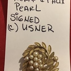 vintage Goldtone Leaf and Faux Pearl signed (C) USNER Brooch