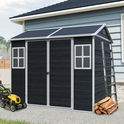 8 x 6ft Resin Outdoor Storage Shed Waterproof Shed with Floor & Two Windows & Lockable Door, Tool Shed for Garden, Patio, Backyard ,Black