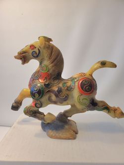 Vintage Chinese Cloisonne Stone Horse Figurine Flying Gansu Jade Color Carving