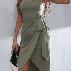 Gray Ribbed Knit Stretch Wrap Skirt Midi Tank Dress Medium 6