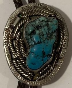 Vintage Metal Bolo Tie, Nice Silver and Blue Turquoise Stone Design, Nice Design, 1 3/4" x 1 1/2", Quality, Heavy Duty, Made in USA, Country & Western