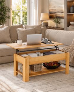 New Lift Top Coffee Table with Storage, Wooden Coffee Table with Hidden Compartment & Lower Shelf, Multi-Functional Lift Tabletop for Living Room, Sna