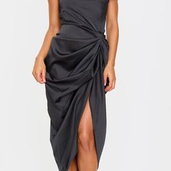 Pretty Little Thing Black Satin Off The Shoulder Draped Skirt Midi Dress