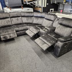 Gourges Sectional Black Velver With 3 Recliners $998