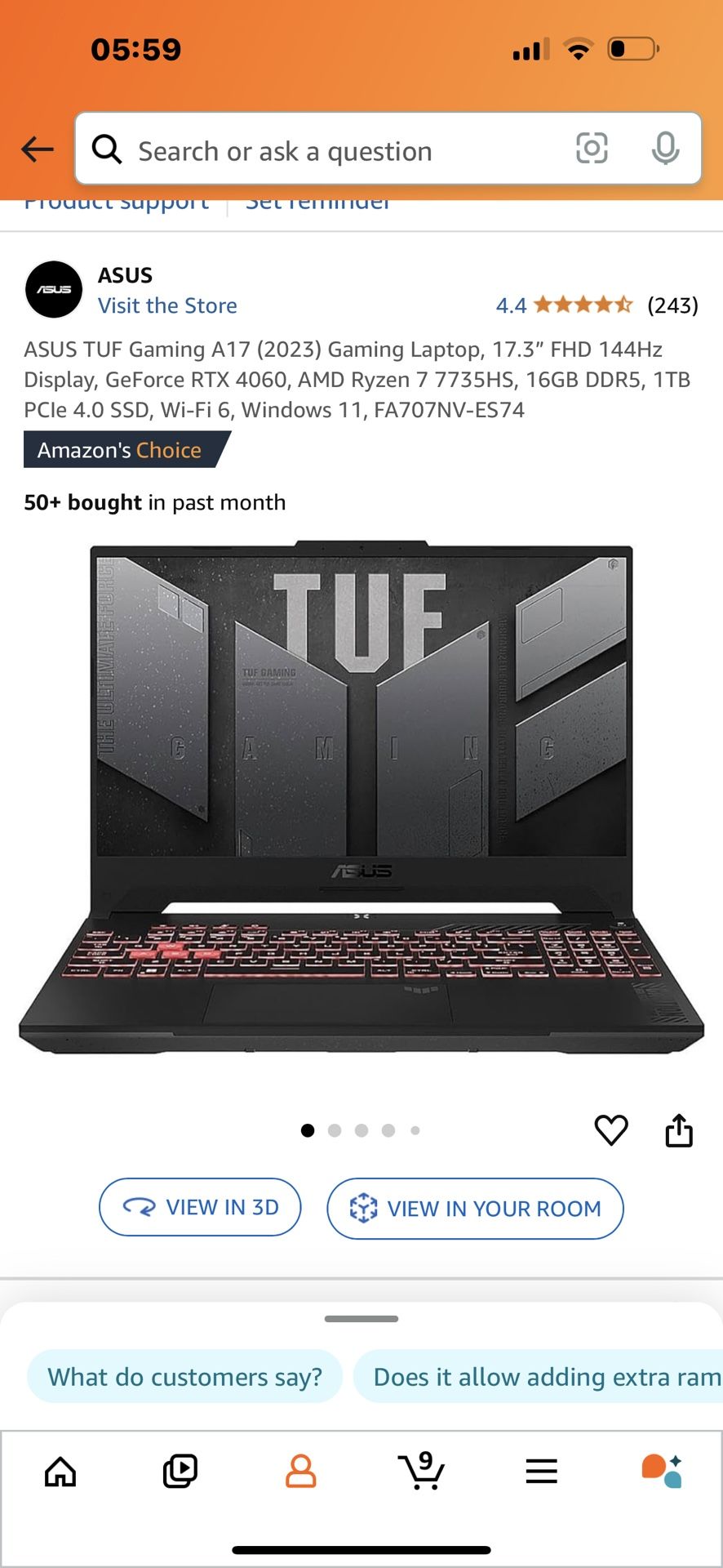 ASUS TUF Gaming A17 (2023) Gaming Laptop, 17.3” FHD 144Hz Display, GeForce RTX 4060, AMD Ryzen 7 7735HS, 16GB DDR5, 1TB PCIe 4.0 SSD, Wi-Fi 6, Windows