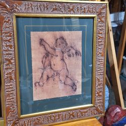 FRAMED WINGED CHERUB ART