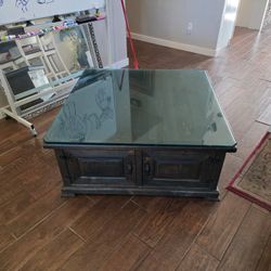 Wood Coffee Table With Storage And Glass Top