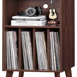 Record Player Stand, Walnut Turntable Stand Holds up to 160 Albums, Mid-Century Vinyl Storage Cabinet Table with Solid Wood Legs, Record Player Holder