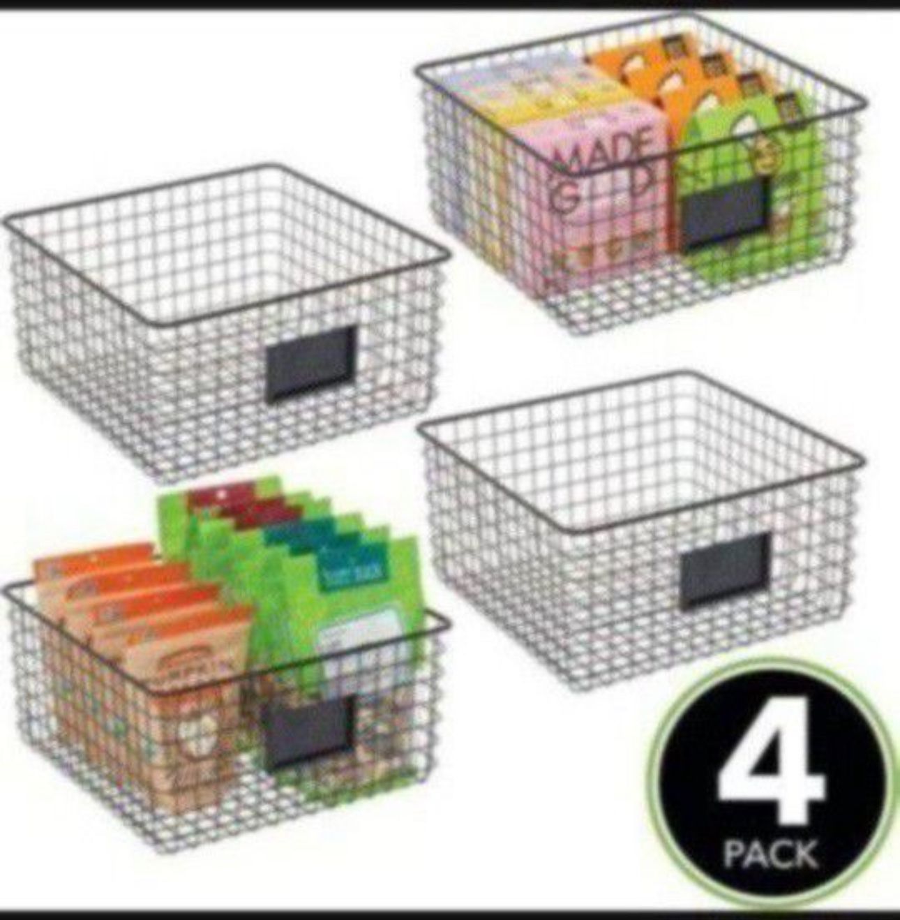 mDesign Square Steel Storage Organizer Bin Baskets with Label Slot for Kitchen Pantry, Cabinet, Cupboard, Organizing Holder for Foo