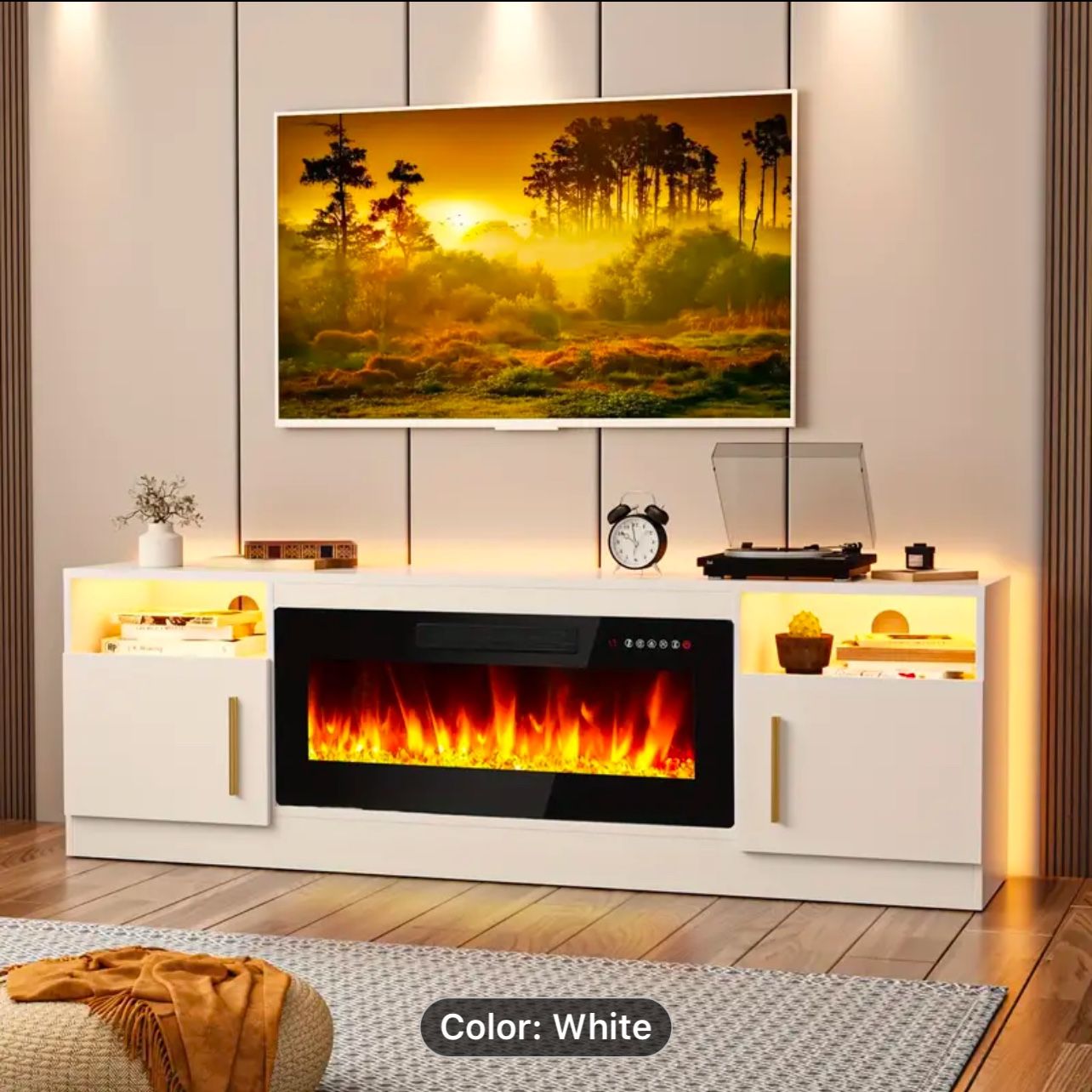 70" Large Wooden TV Stand with 36" Electric Fireplace - Media Console with High Gloss Storage Cabinet, 16 Colors LED Lights, and Spacious Shelving for