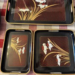 3 Piece Nested Lacquer Tray Set Toyo Trading Company Japan MCM Vintage Barware