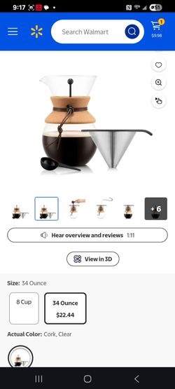BODUM 34oz Pour over Glass Coffee Dripper w/ Reusable Stainless Steel Filter, Brown, Cork, New