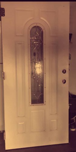White Steel Entry Door with Decorative Glass Insert