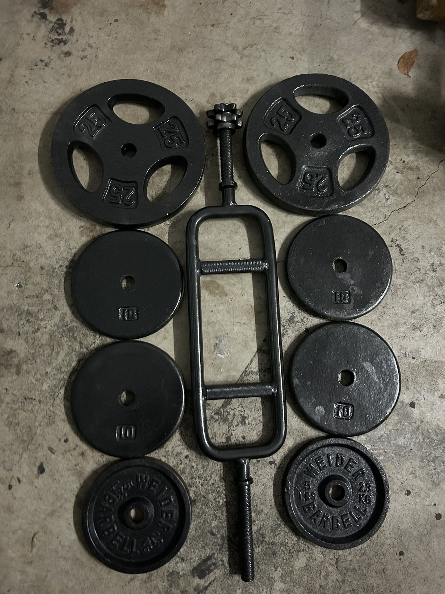 Heavy Duty Tricep Bar Plus 100lbs Of Standard 1 Inch Hole Weights Home Gym Complete Set Exercise