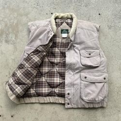 Vintage Bass Pro Goose Down Cream Flannel Lined Puffer Hunting Vest Jacket 