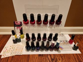 Nail Polish/Lacquer ~ OPI/Essie/China Glaze + Table Top Display Stand Organizer Shelf + Nail Art Gems/Jewelry + Decals/Stickers + French Tip Guides