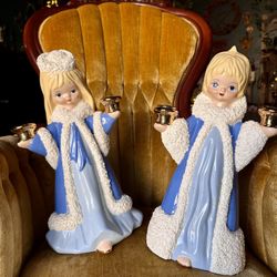 Vintage Pair of 15” Ceramic Angel Taper Candle Holder Statues