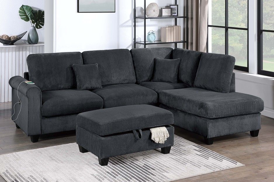 3pcs Sectional Sofa w/storage ottoman & USB connection