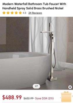 Modern Waterfall Bathroom Tub Faucet With Handheld Spray Solid Brass Brushed Nickel E2