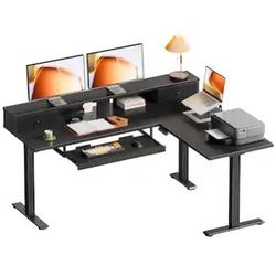 NEW AODK - 59" L-Shaped Electric Height-Adjustable Standing Desk with Drawers, Power Outlets