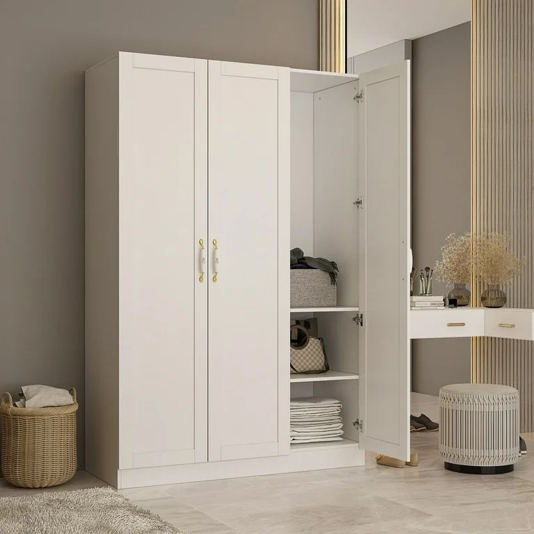 White 3-Doors Armoires Wardrobe with Hanging Rod and Storage Cubes 69.6 in. H x 47.2 in. W x 19.6 in. D