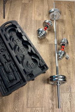 NEW Case Of Adjustable Chromed Weights With Barbell And dumbell bars with tires.