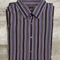 Vintage Hugo Boss Linen Cotton Button Down Shirt Men Sz XL Neutral Stripes Y2K