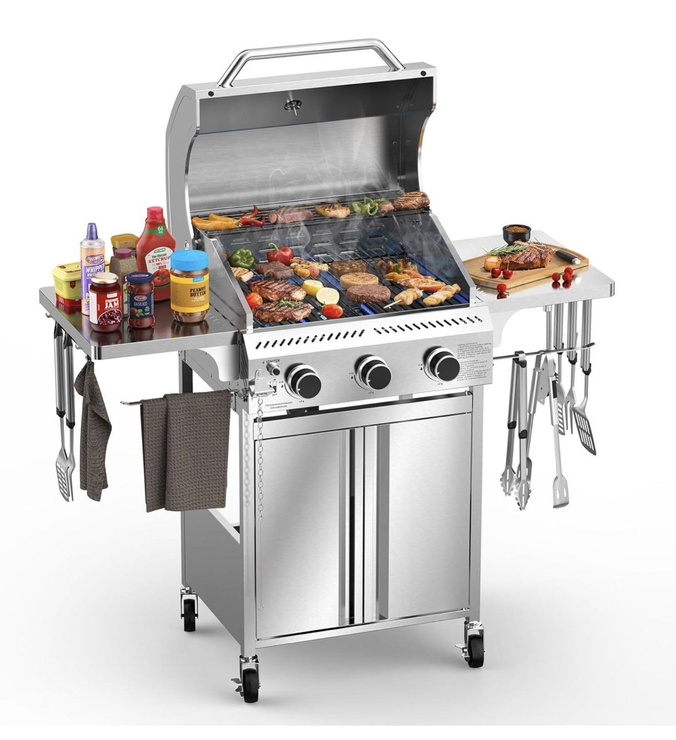 3-Burner Gas Grill with Folding Side Tables,Stainless Steel 24,000 BTU BBQ Grill,Outdoor Propane Grill for Barbecue,Patio,Camping  Brand Electactic Pr