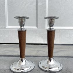 IANTHE Pat PDG Made in England Faux Wood & Silver Plate Candle Holders