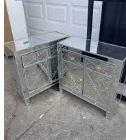 Set Of Two Mirrored Side Tables/ Cabinets With Drawers