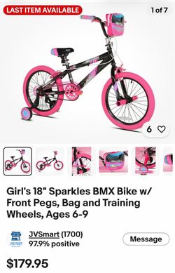 Girl's 18" Sparkles BMX Bike w/ Front Pegs, Bag and Training Wheels, Ages 6-9