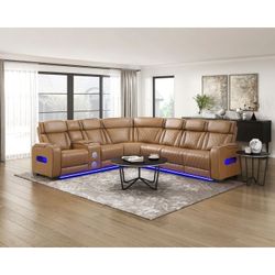 Brand New Brown Synthetic Leather 3-Piece Power Reclining Sectional with Left Side Console, Drop-Down Cup Holders, Power Headrests, Storage Arms(Top a