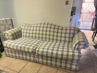 Blue and White Plaid Fabric Sofa