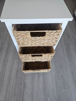 White Storage Unit with 3 Wicker Baskets