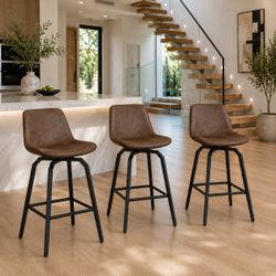 Set of 3 Brown Faux Leather 360° Swivel Counter Height Bar Stools – 26”