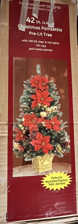 Decorated Pre Lit Potted Christmas Tree 42” Red Poinsettia