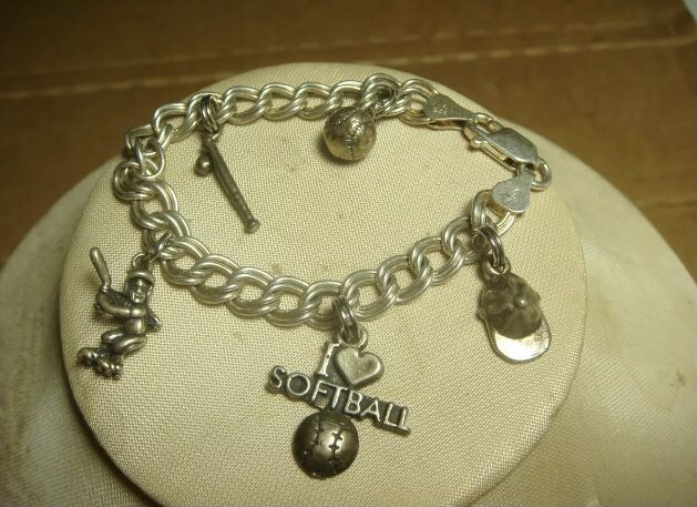 sterling silver softball baseball glove hat charm bracelet double 925 jewelry Sports