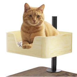 Cat Desk Bed – Desk Cat Bed Clamp On Shelf,360° Rotation Desktop Elevated Wooden Pets Bed with Plush Cushion,Space-Saving Design
