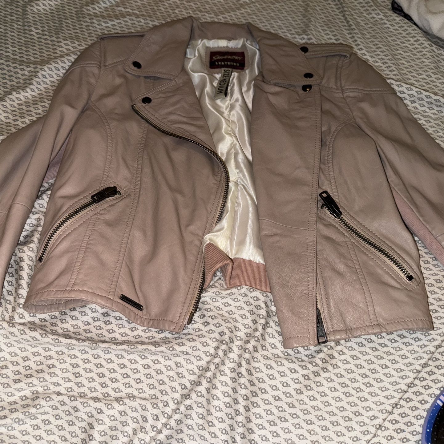 SUPERDRY Beige Leather Jacket In Medium 